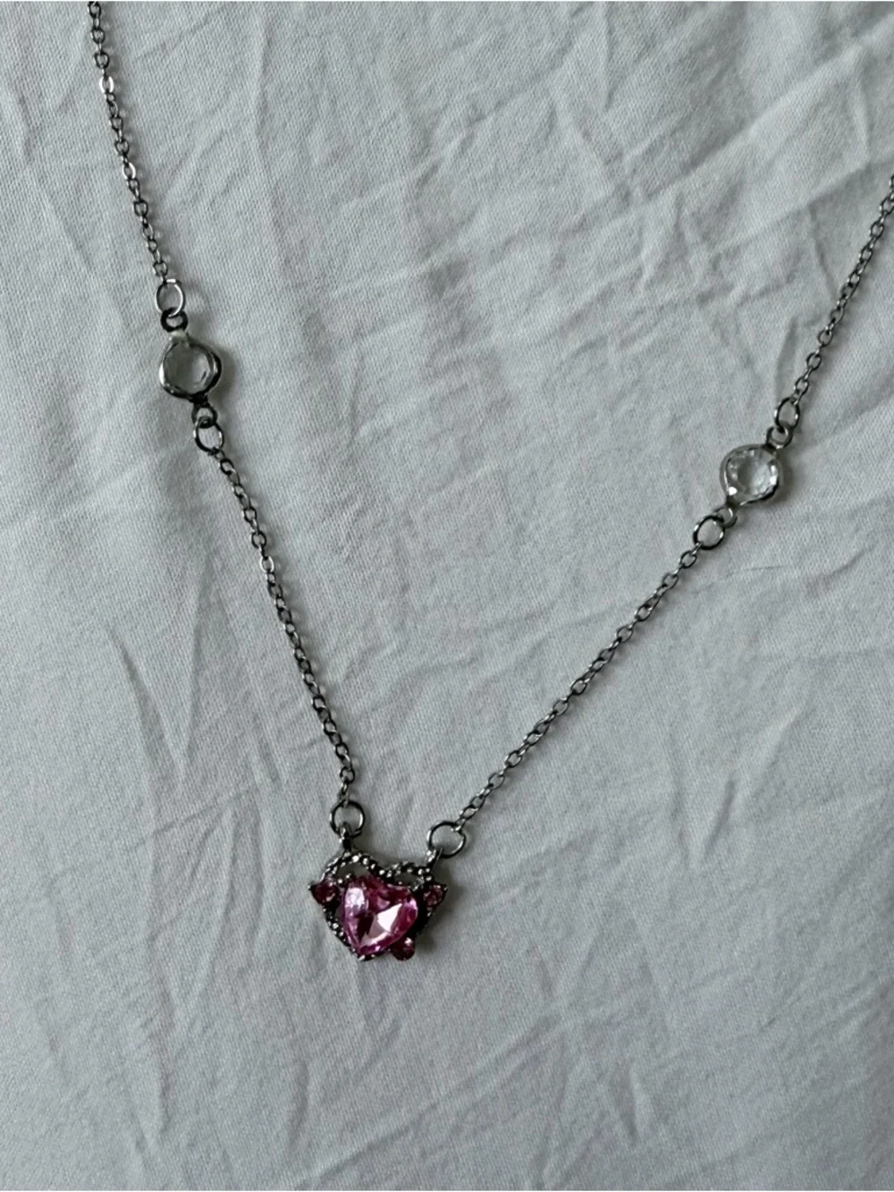 Brand New Y2K Magic Fairytale Silver Diamond Pink Heart Charm Pendant Necklace